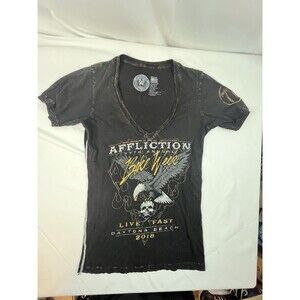 Affliction Skull Daytona Bike Week Gray Acid Wash Vneck Y2K Grunge Womens Medium